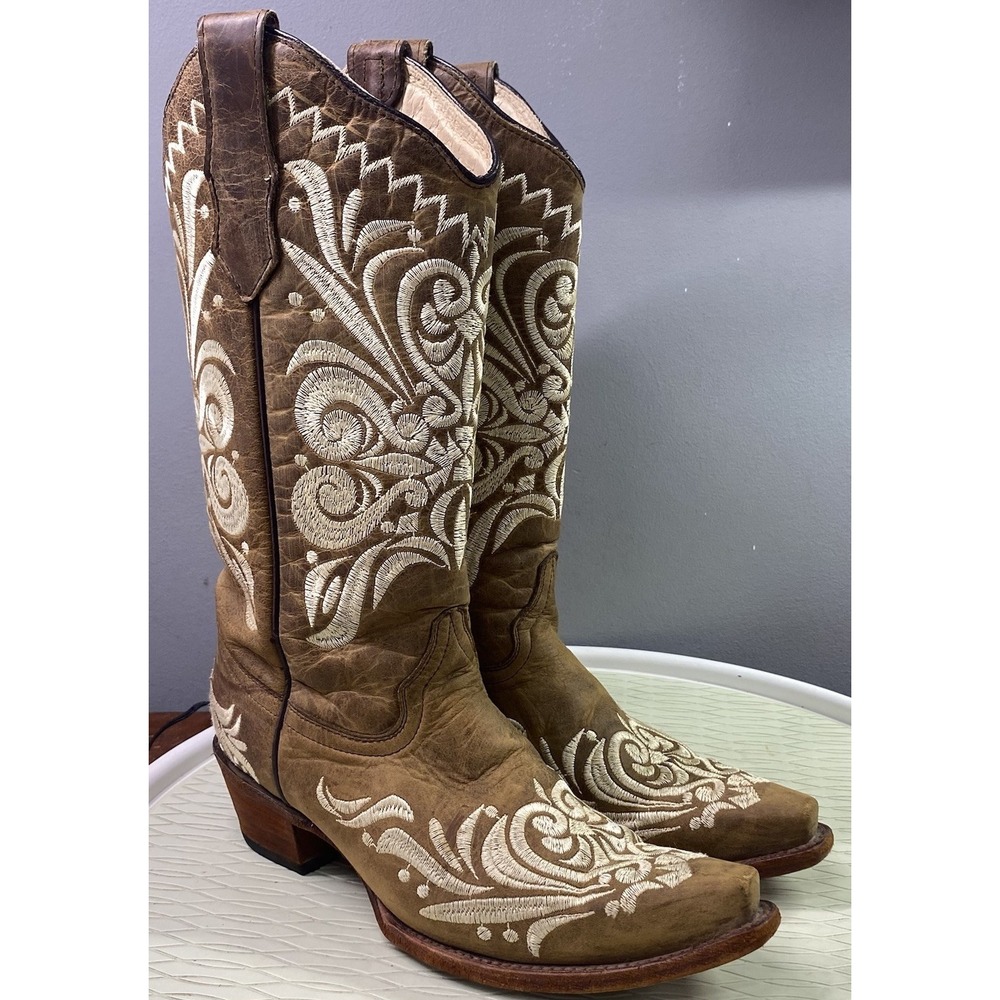 Circle G Women's Leather Cowboy Boots Brown&Ivory Cowgirl‎ Riding  Boots Sz. 7M
